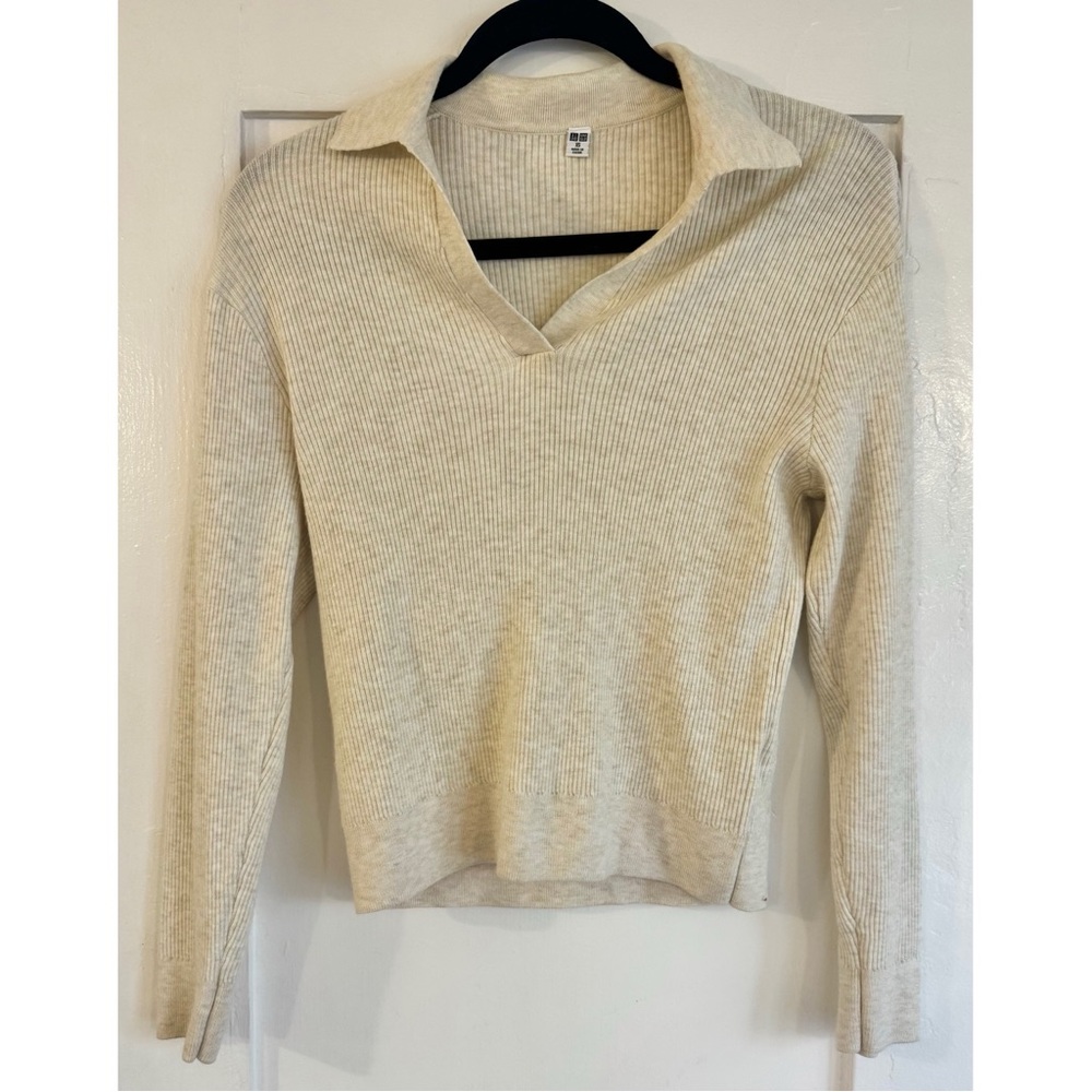 SOLD Uniqlo Washable Knit Ribbed Polo Sweater XS Natural Cream